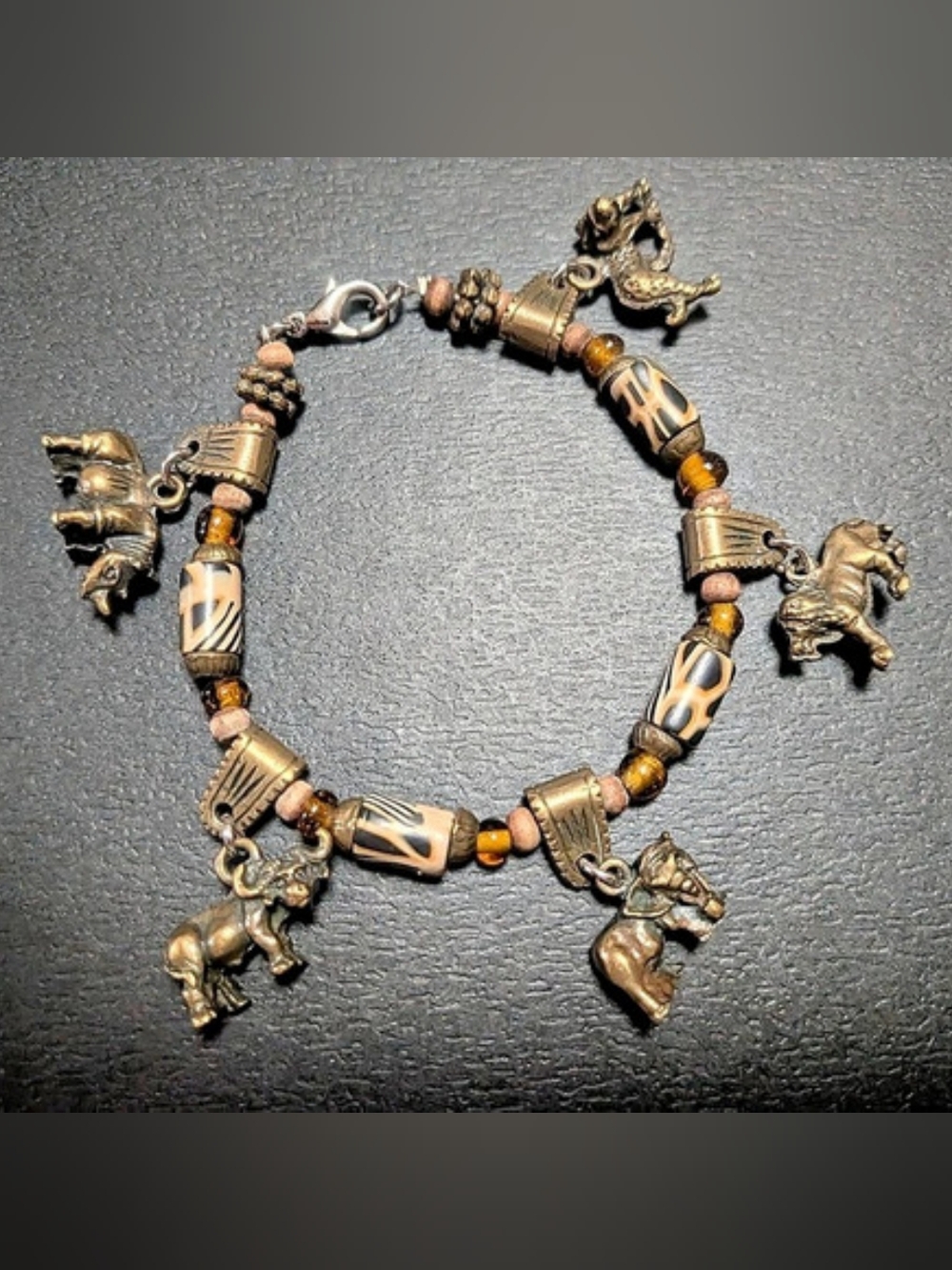 Vintage African Big Five Charm Bracelet Tiger's Eye Batik Bone Brass Tone
